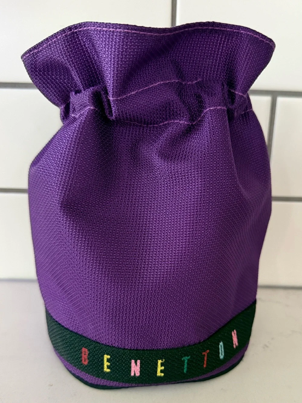 Vintage Benetton Purple Pouch Bag Multicolor Logo Drawstring Cosmetic Travel